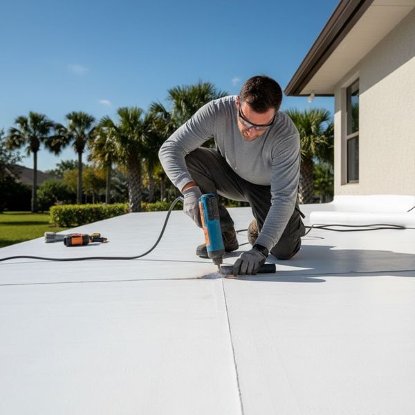 A professional roofer heat-welding the seams on a white TPO flat roofing system.
