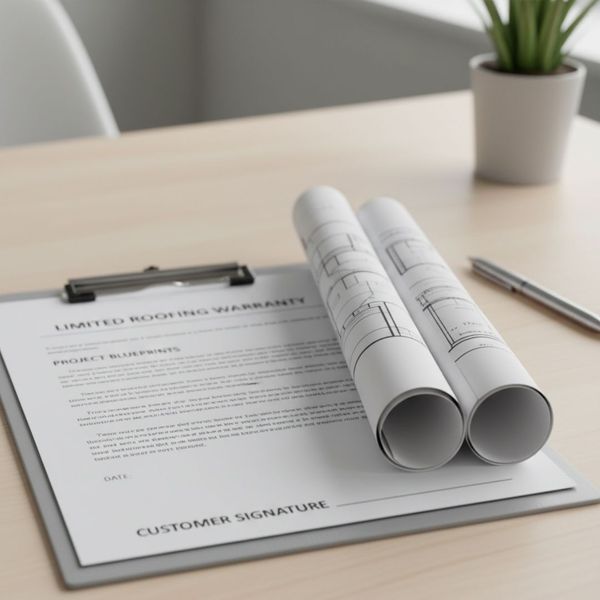 Warranty documents on a clipboard, symbolizing guaranteed security from a long-established roofing company Warranty documents on a clipboard, symbolizing guaranteed security from a long-established roofing company