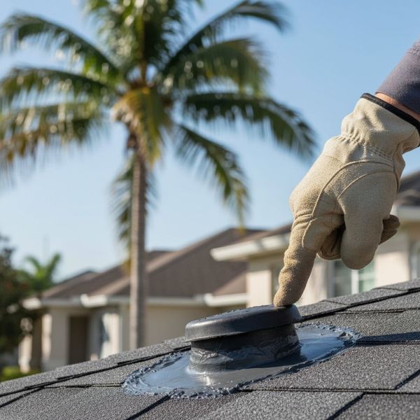 Roofer's hand pointing out proper flashing detail on a Florida residential roof Roofer's hand pointing out proper flashing detail on a Florida residential roof