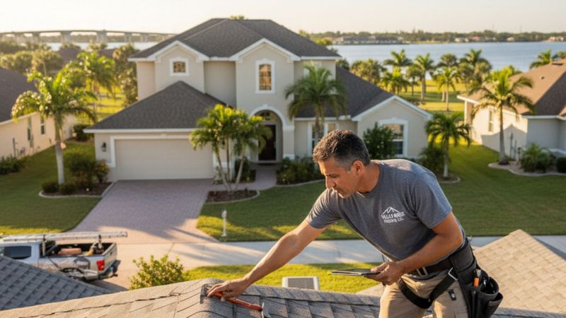 A roofer conducting a professional roof inspection on a home in Melbourne, FL.