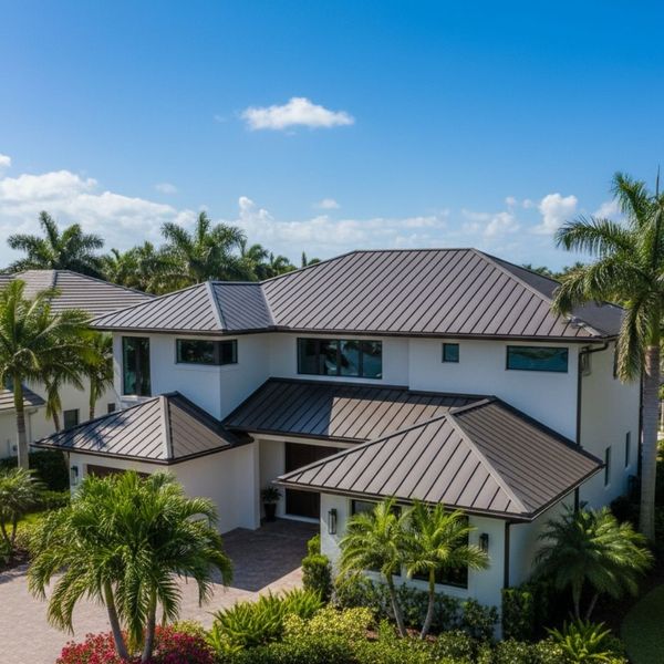 A modern home featuring a sleek, durable standing seam metal roof in a dark bronze finish.