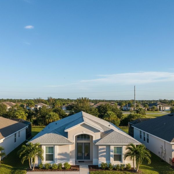 An aerial view of a modern Florida home with a well-maintained, slightly sloping roofline.