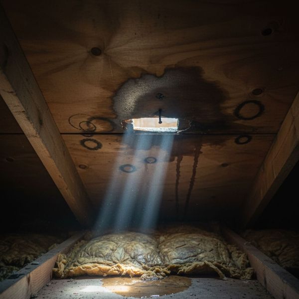Water stains on the wooden beams inside a home's attic, indicating a roof leak.