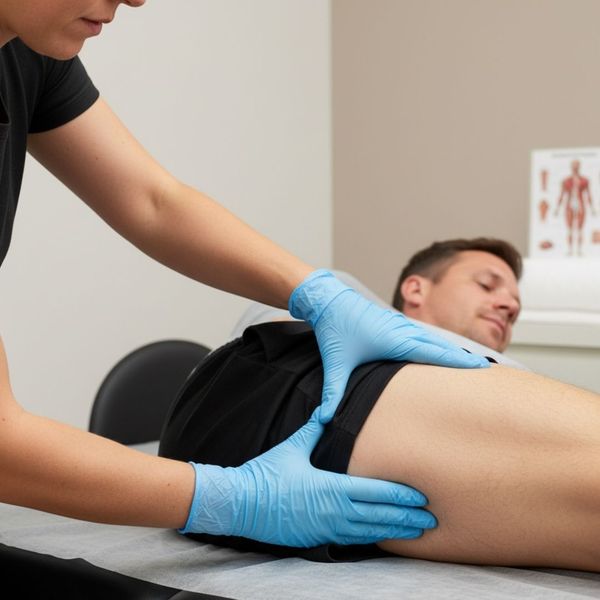 Hands of a physical therapist performing manual therapy on a patient's hip to restore joint function.