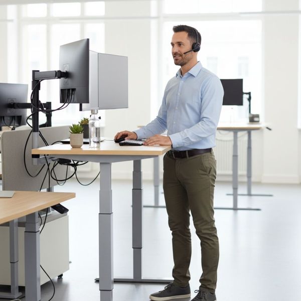 Ergonomic office workspace with a standing desk and a person alternating positions for better health.