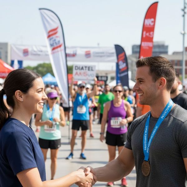 Physical therapist and athlete shaking hands, symbolizing a long-term fitness partnership.