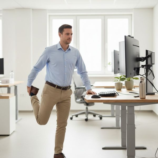 Office worker performing a standing hip flexor mobility exercise during a break.