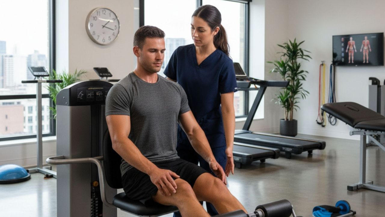 Professional physical therapist guiding a male athlete through a leg strengthening exercise in a modern clinic.