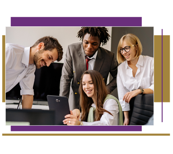 team looking at ipad smiling