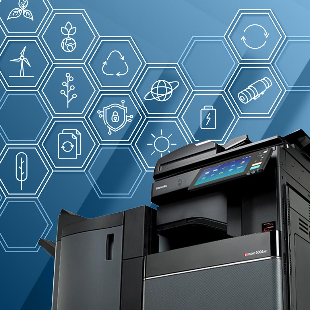image of Toshiba printer with icons representing sustainability