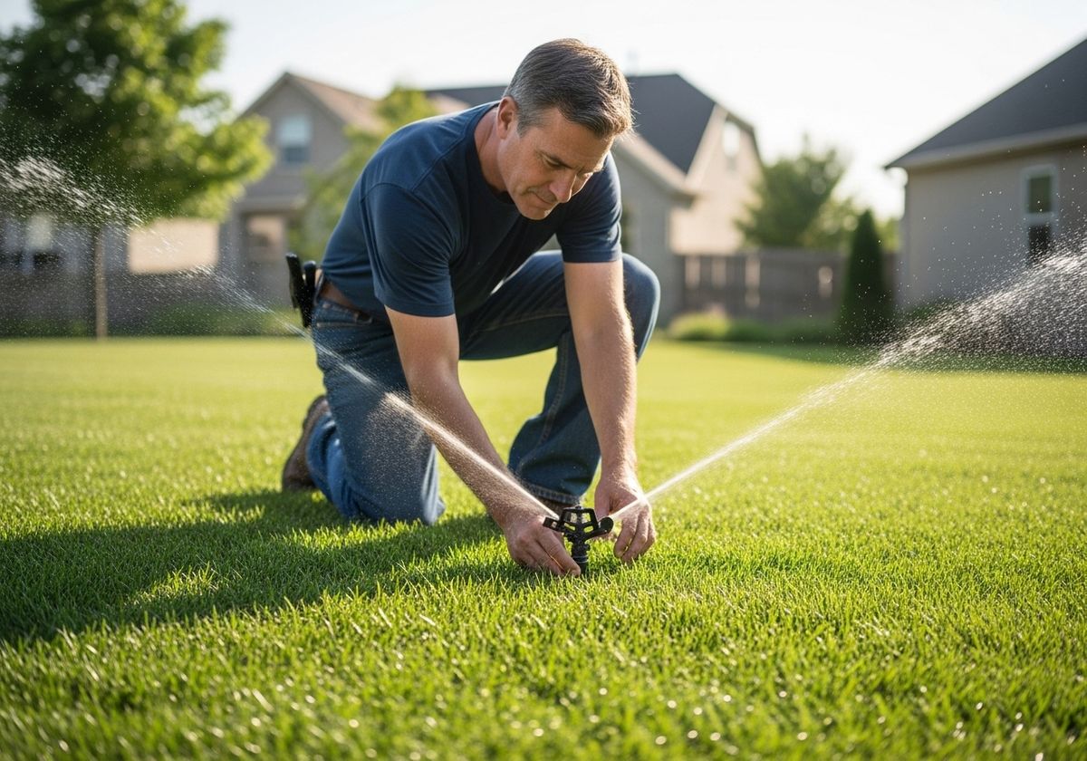 Man Adjusting Sprinkler on Lawn