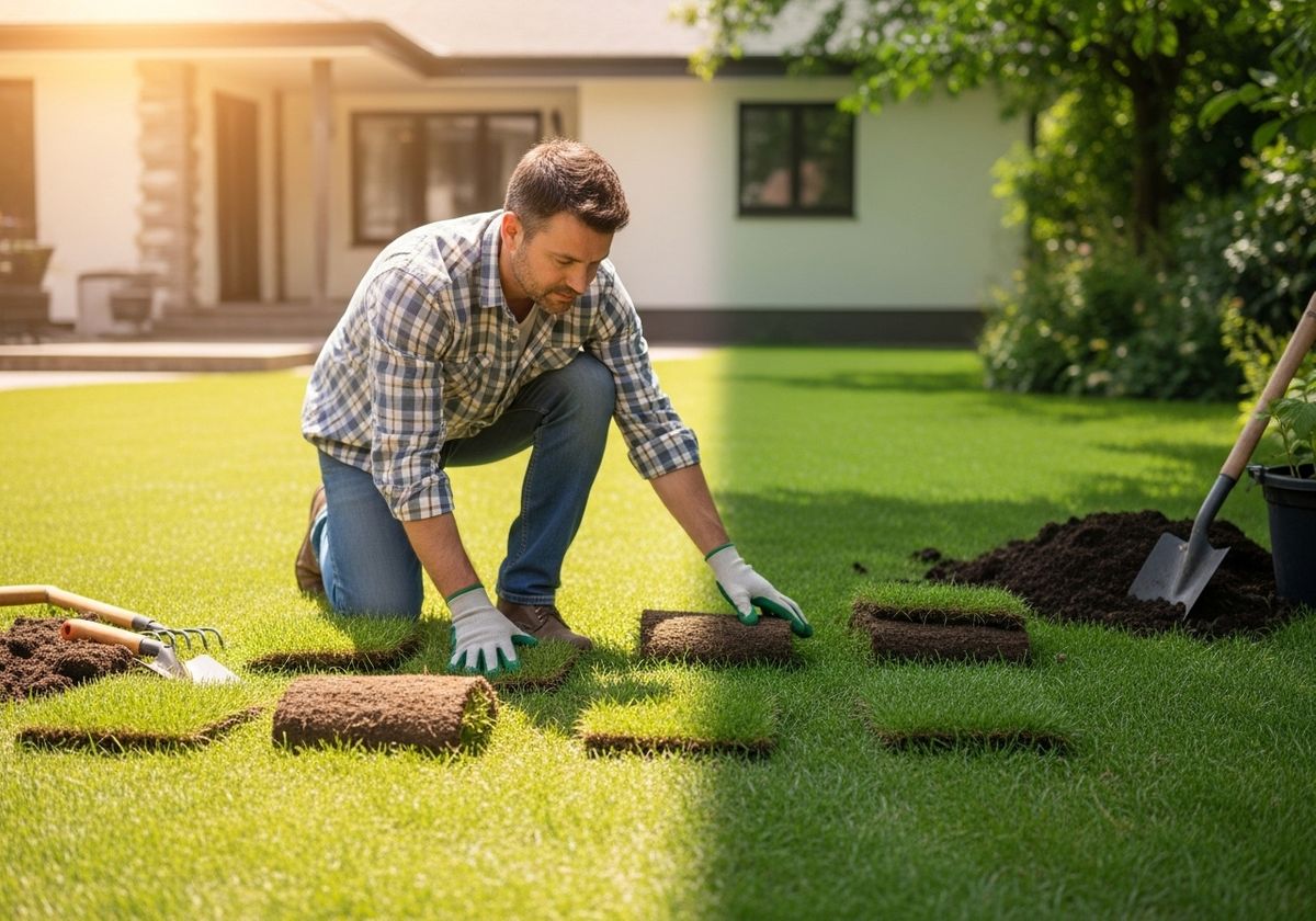 Man Installing Sod in Backyard