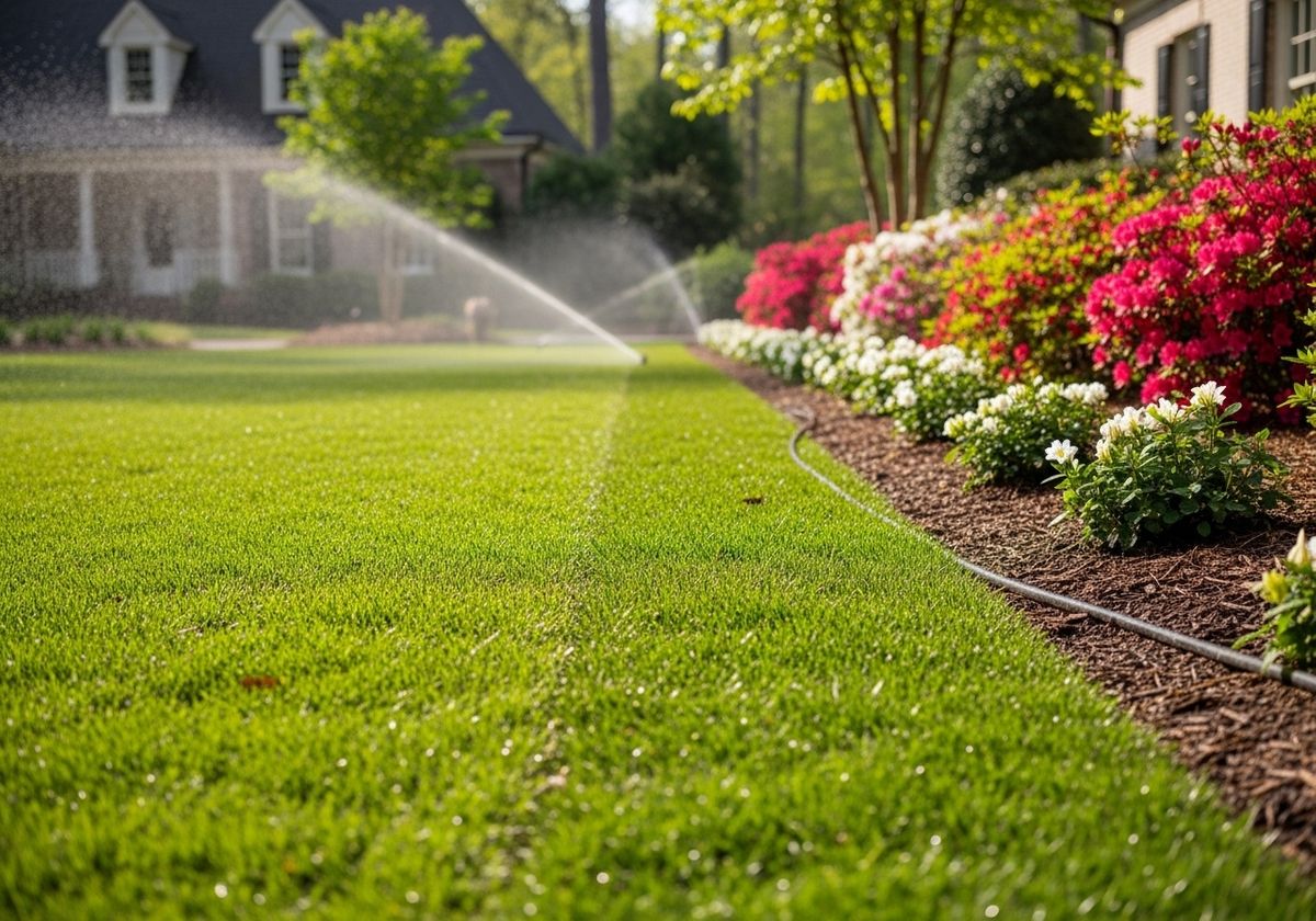 Lush Green Lawn Being Watered by Sprinklers
