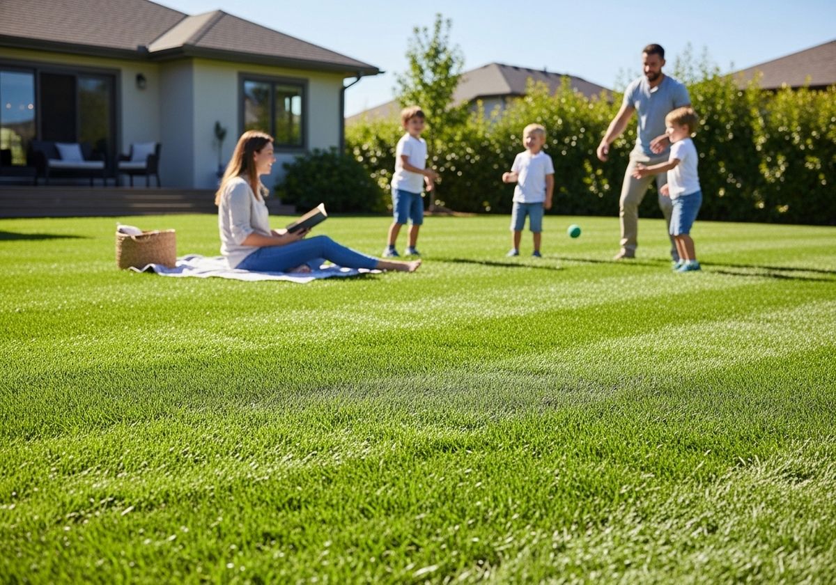 Family enjoying a sunny day on a lush green lawn