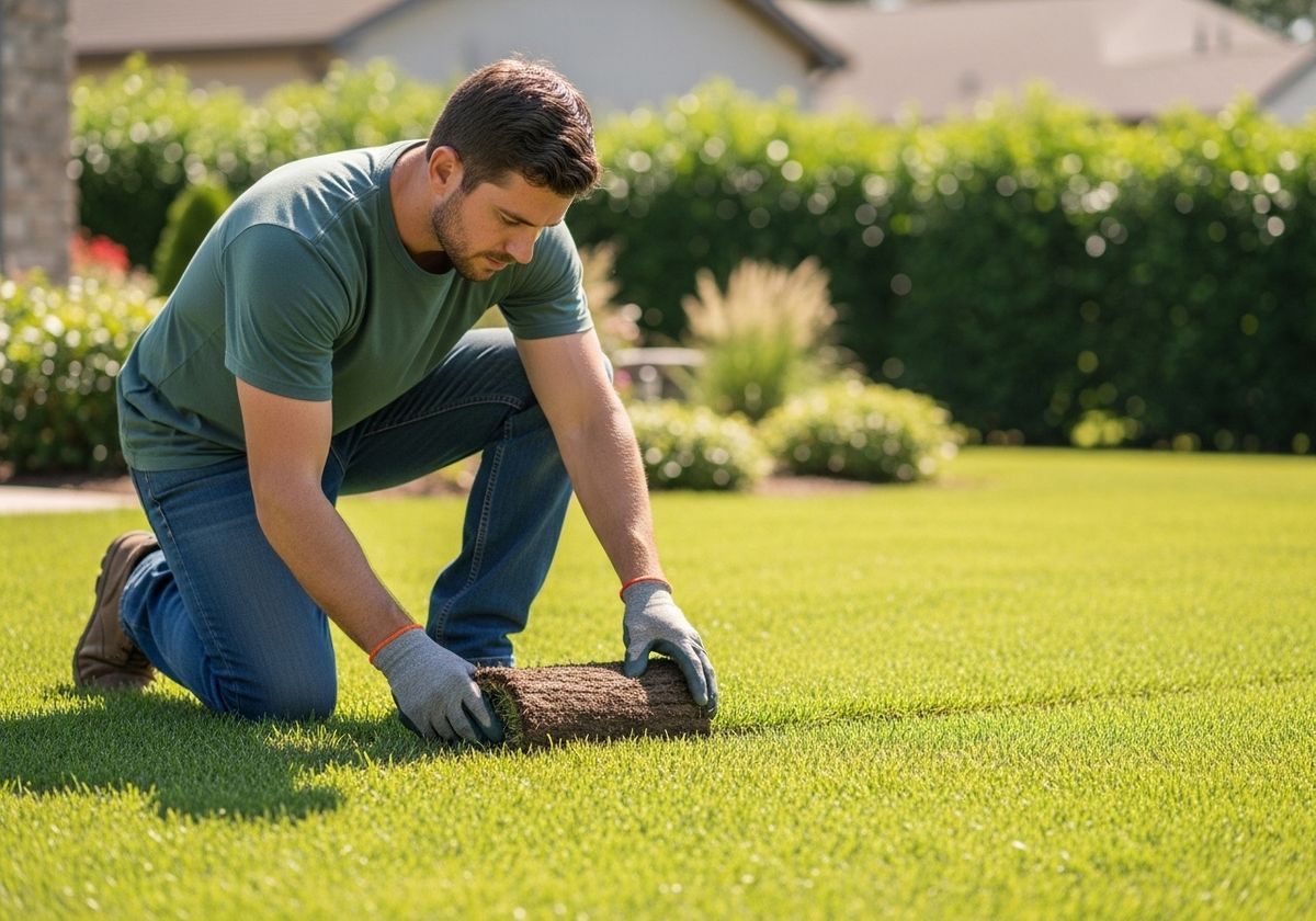 Man laying sod in backyard