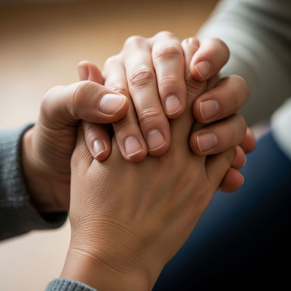 Two hands clasped together, symbolizing support and connection in addiction treatment programs.