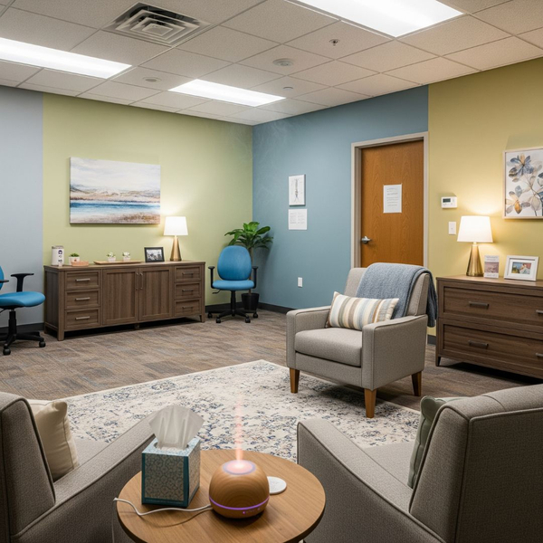 A calm and professional therapy room in a rehab center.