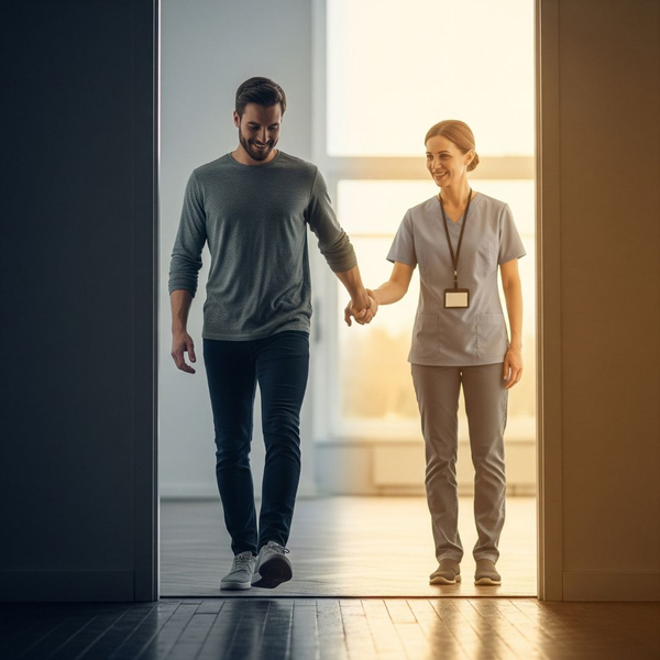 A person taking the first step towards a brighter future with a recovery coach.