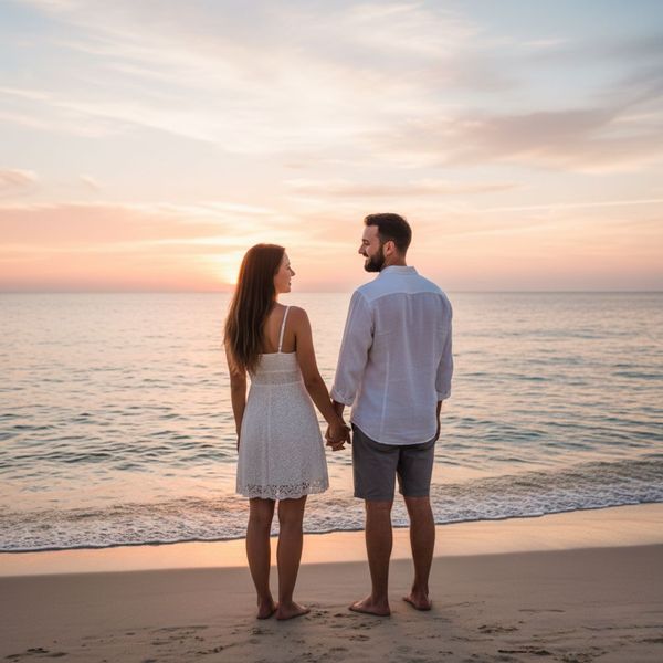 Happy couple holding hands on a serene beach at sunset