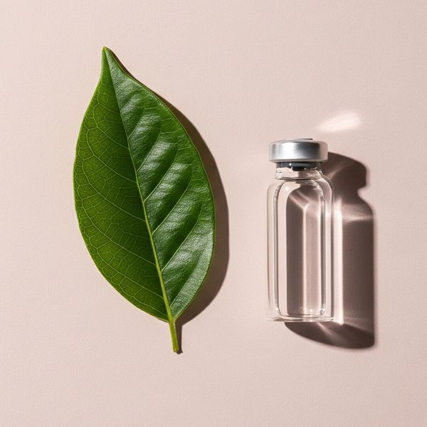 A leaf next to a vial, symbolizing bioidentical hormone replacement therapy options. hormone.jpg