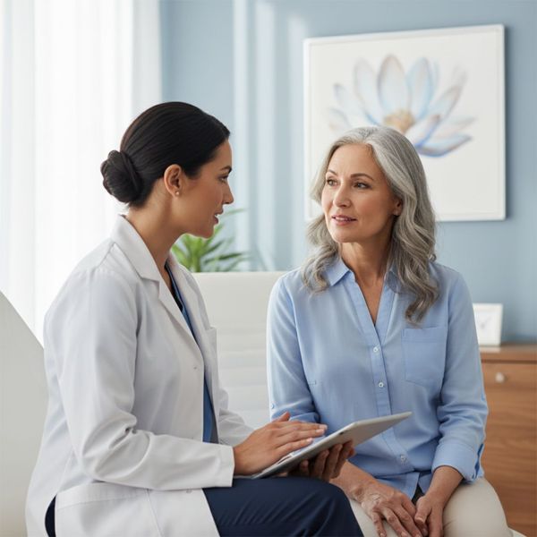 a woman with grey hair speaking with her physician 