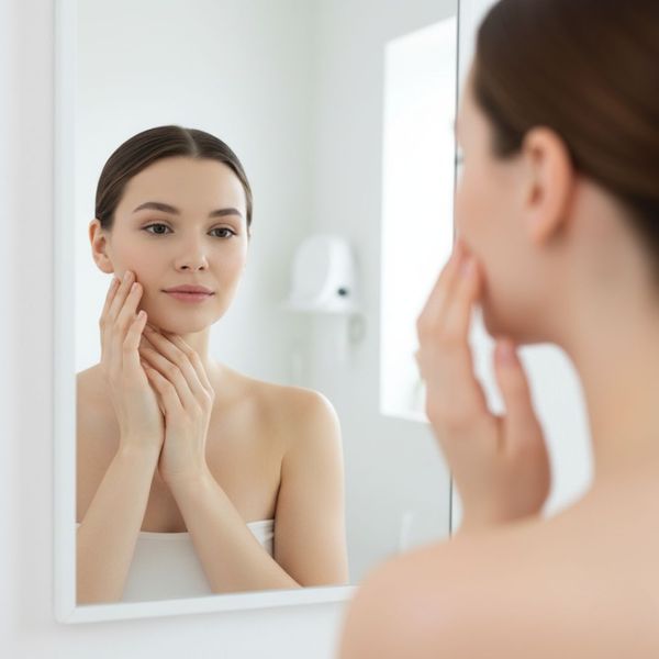 Woman looking in mirror, gently touching her smooth skin
