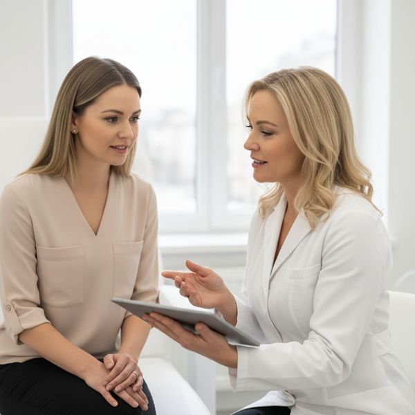 Patient in consultation, discussing options with a medical aesthetician.