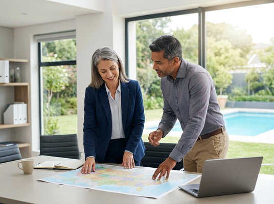 Two colleagues, a man and a woman, collaboratively review a map on a table in a bright room with a garden and pool view. Business professionals planning with a map