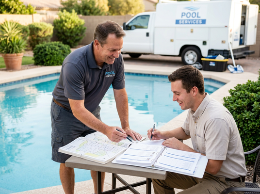A smiling pool service professional discusses plans with a happy client by a bright blue swimming pool, with a service truck nearby. Pool Service Professional Consulting with a Client