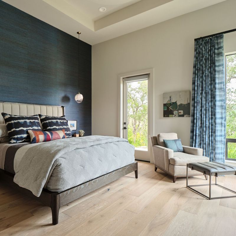 a grey and blue bedroom