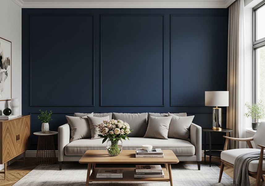 A beautifully designed living room featuring a navy blue accent wall with classic molding. A light gray sofa adorned with plush pillows sits beneath the wall, complemented by a wooden coffee table with a vase of flowers. Natural light streams in from a nearby window, illuminating the space and highlighting the room's refined details and comfortable ambiance. Elegant Living Room with Navy Blue Accent Wall