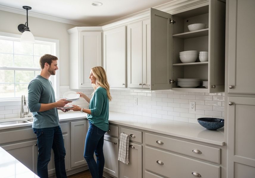 A smiling man and woman unload white plates into a gray kitchen cabinet. The kitchen features subway tile backsplash, light gray cabinets, and a stainless steel sink under a large window. Couple Unloading Dishes in Modern Kitchen