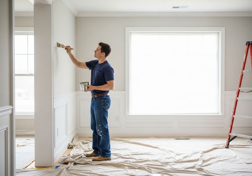 A man is shown painting the interior wall of a room with natural light. He is holding a paint can in one hand and applying paint with a brush to the wall with the other. The floor is covered with a drop cloth to protect it from paint splatters. An orange and white ladder stands to the side. Man Painting Interior Wall