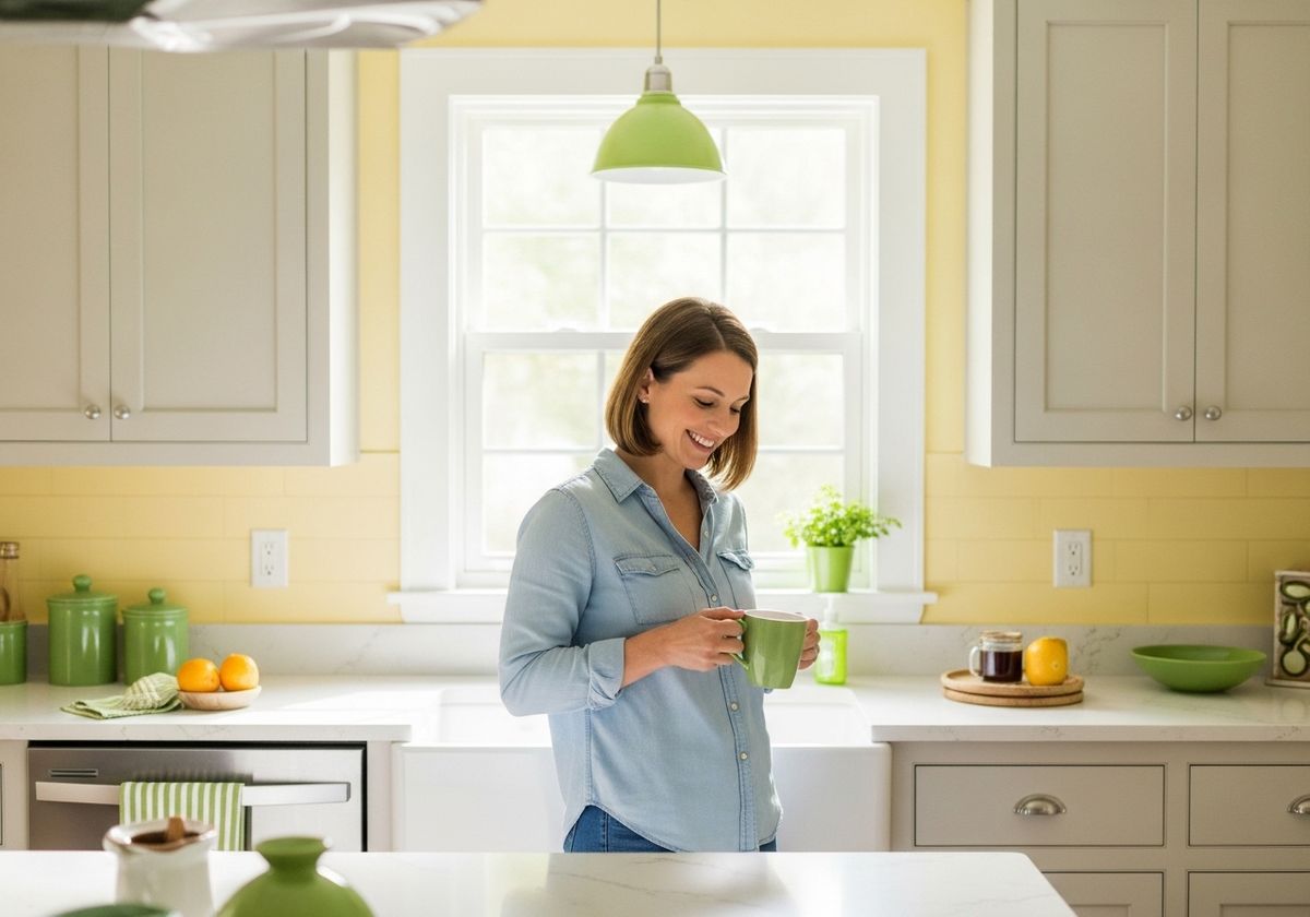 Woman Enjoying Coffee in a Cheerful Kitchen