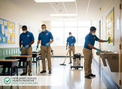 Four masked janitors in blue shirts and gloves clean a school hallway, sanitizing desks, vacuuming, and wiping water fountains, following health guidelines. School Janitors Cleaning According to Health Guidelines