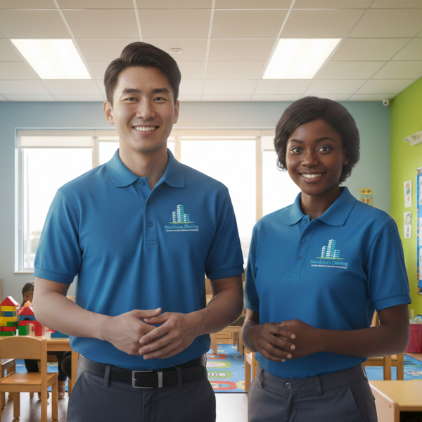 presidential cleaning workers in uniform smiling after cleaning a daycare center