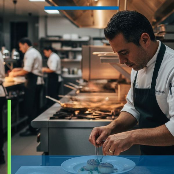 chef plates food in a commercial kitchen 