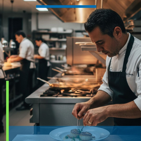 chef plates food in a commercial kitchen 
