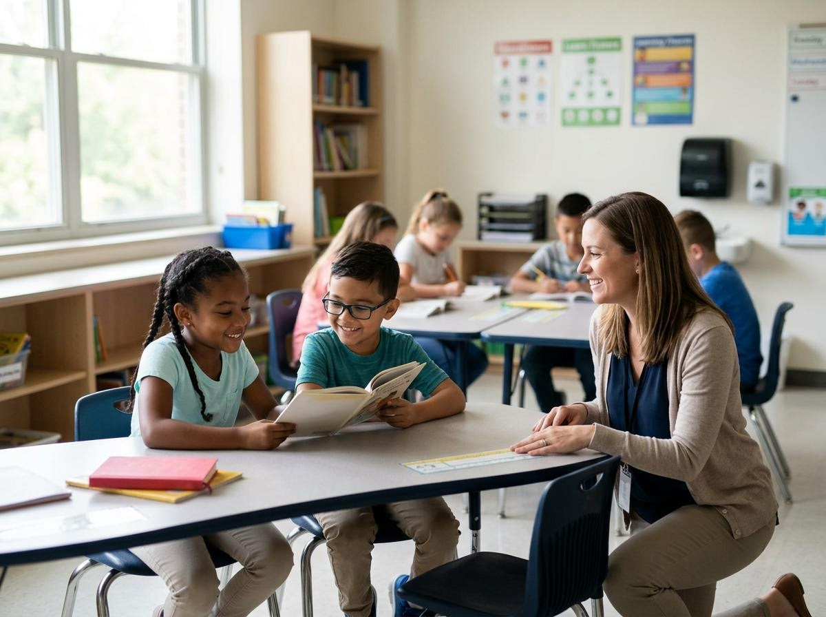 Teacher and Diverse Students Reading in Classroom