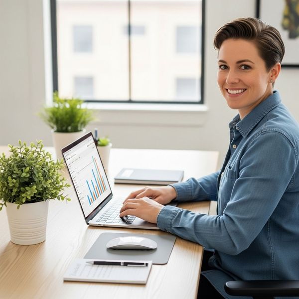 A person smiles while working on a laptop at a clean, organized desk. A person smiles while working on a laptop at a clean, organized desk.