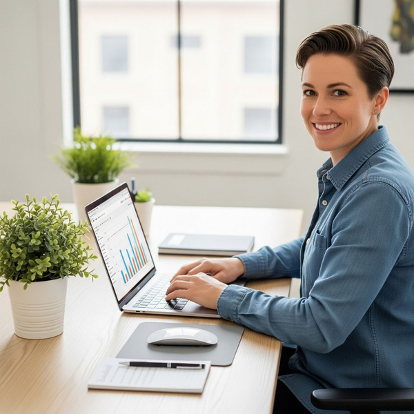 A person smiles while working on a laptop at a clean, organized desk.