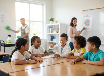 Five happy, diverse elementary students conduct a science experiment, pouring blue liquid, while a teacher instructs and a cleaner works. Diverse Children Learning Science in Classroom