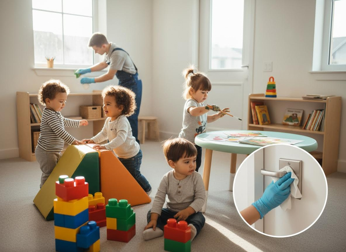 Daycare cleaning and children playing