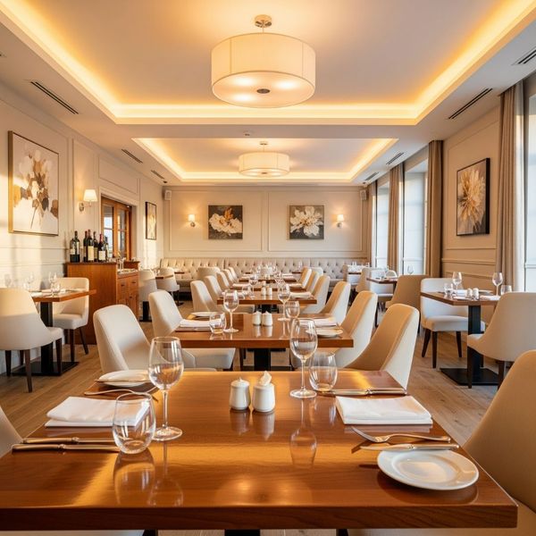inviting and immaculate restaurant dining area with polished tables inviting and immaculate restaurant dining area with polished tables