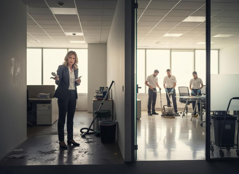 A distressed businesswoman in a messy, damaged office hallway contrasts with three professional cleaners restoring a spotless adjacent office. Office Damage and Professional Cleaning Contrast