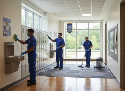 Three uniformed cleaners in masks and gloves disinfect a school hallway with lockers, water fountain, and carpet. Cleaning Crew Disinfecting School Hallway