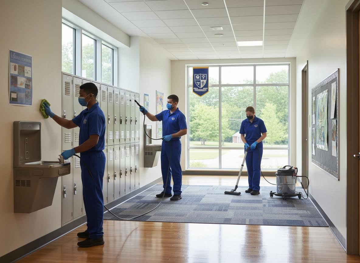 Cleaning Crew Disinfecting School Hallway