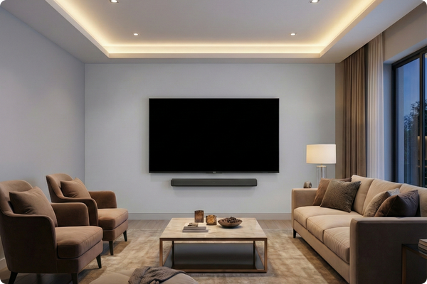Professionally mounted flat-screen television and soundbar in a clean home media setup.