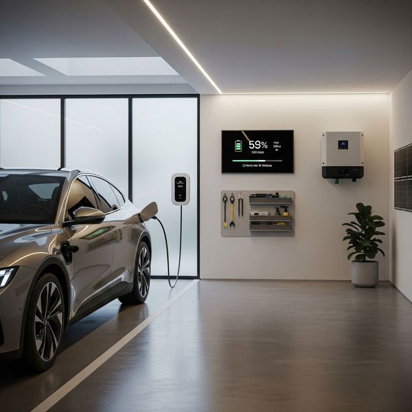 A modern electric vehicle charging in a home garage.