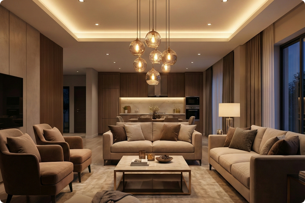 Modern living room showcasing creative recessed and pendant lighting installation.